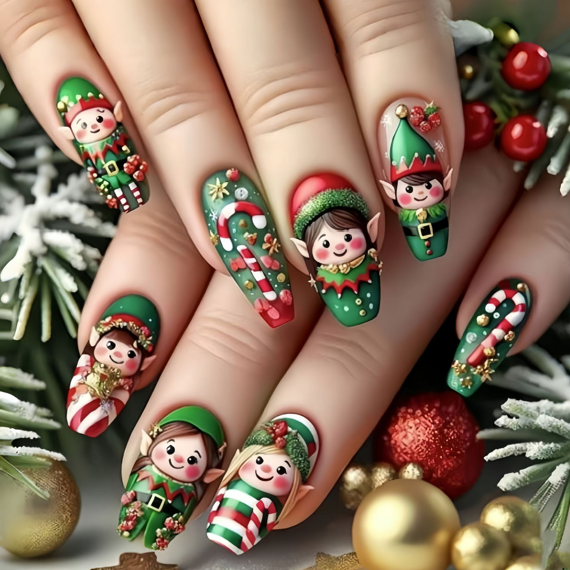 Christmas Tree Artificial - أظافر صناعية متوسطة الحجم لحفلات عيد