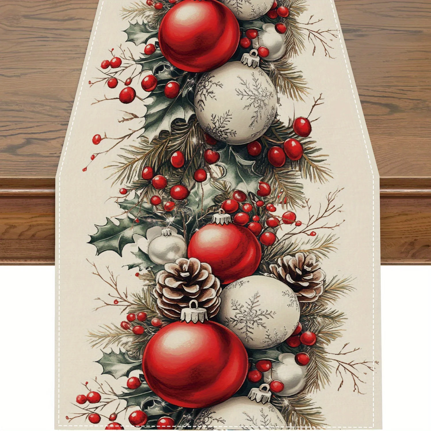 Christmas Table Runner - كرات عيد الميلاد الصنوبر المخروط الأحمر