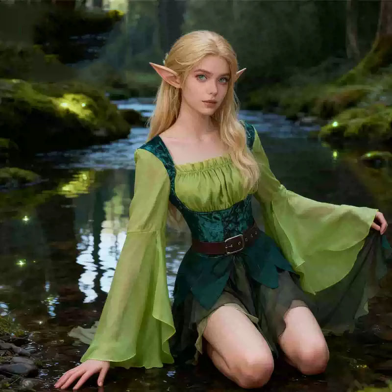 Elf Costume Christmas - فستان نسائي أخضر على طراز الجنيات
