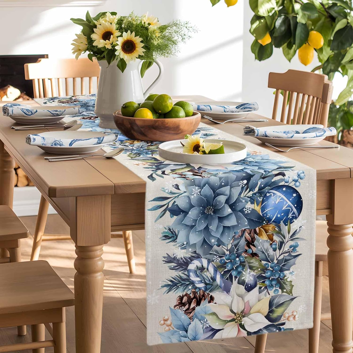 عيد الميلاد الأزرق البونسيتة ا - مراجعة Christmas Table Runner وسعره