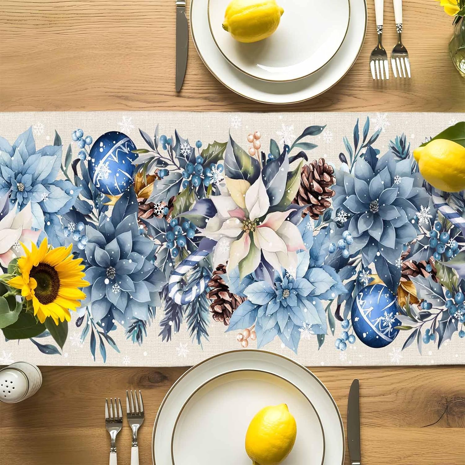 عيد الميلاد الأزرق البونسيتة ا - مراجعة Christmas Table Runner وسعره